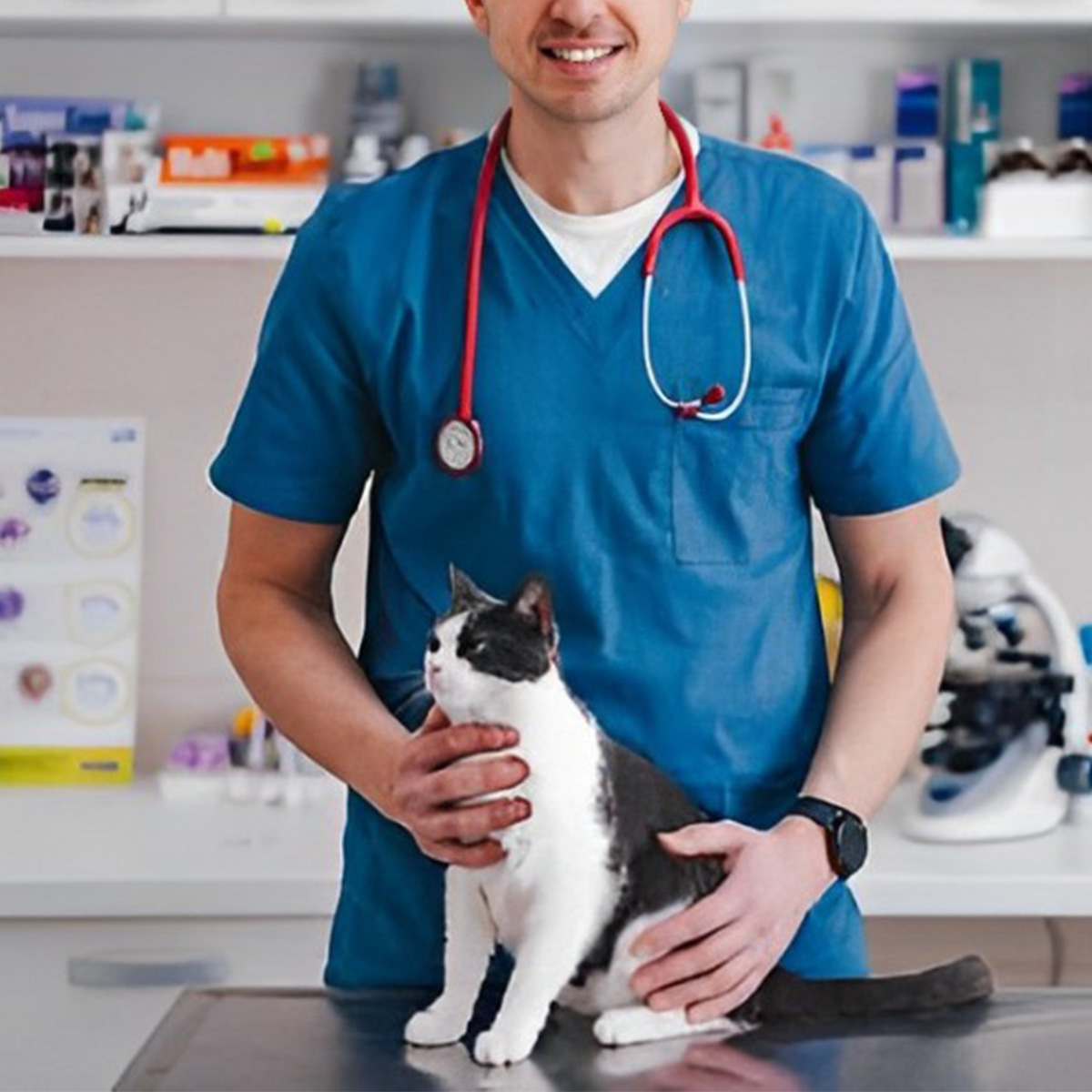 a person in a blue scrubs holding a cat